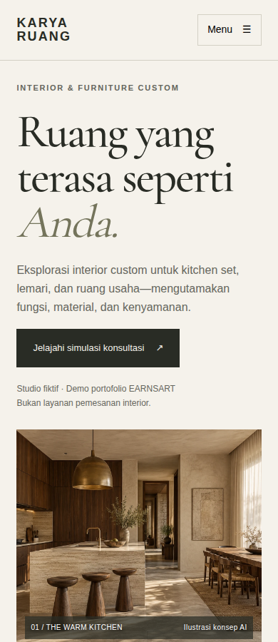 Tangkapan layar mobile 390x900px KARYA RUANG — Studi konsep fiktif earnsart